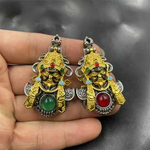 藏式 红色玛瑙毛衣链挂件 复古藏银镶嵌绿玉髓扎基拉姆吊坠