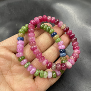 四海玉器 彩色桃花玉平安扣手链 碧玺隔珠隔片玉手串特价