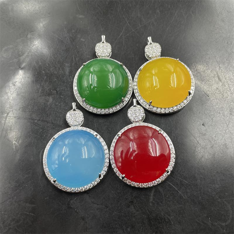 四海玉器 镶嵌绿玉髓圆形吊坠 蓝色玛瑙护心镜挂件 毛衣链玉坠