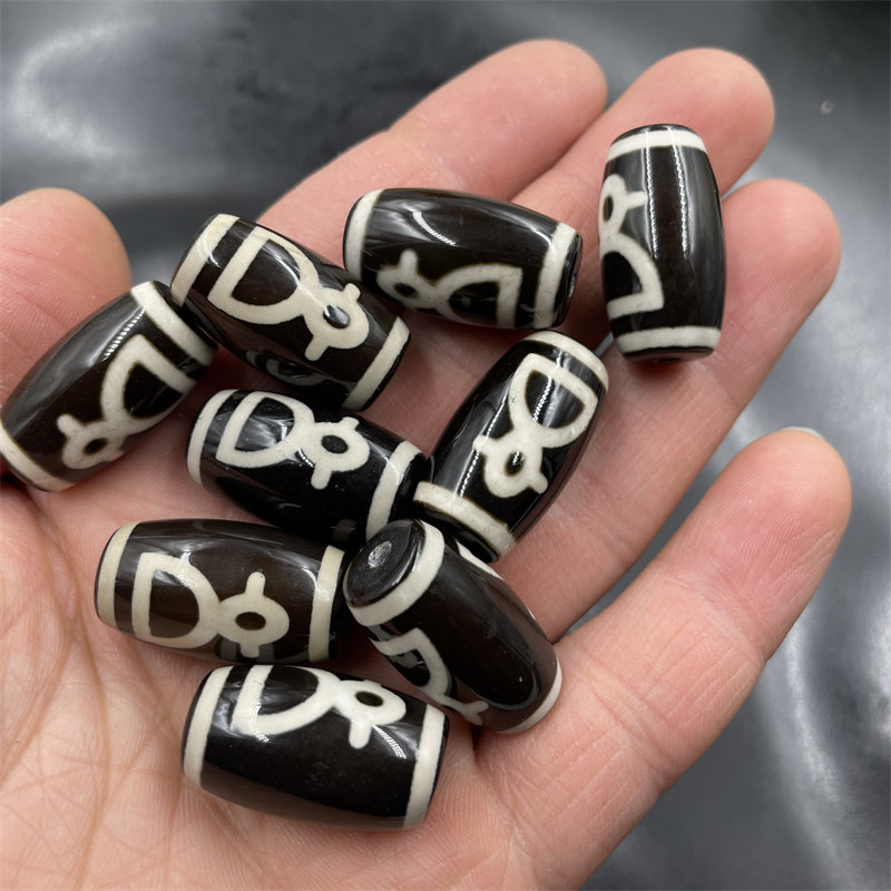 藏式复古黑色财神天珠玛瑙筒珠散珠 25毫米黑白天珠老玛瑙财神