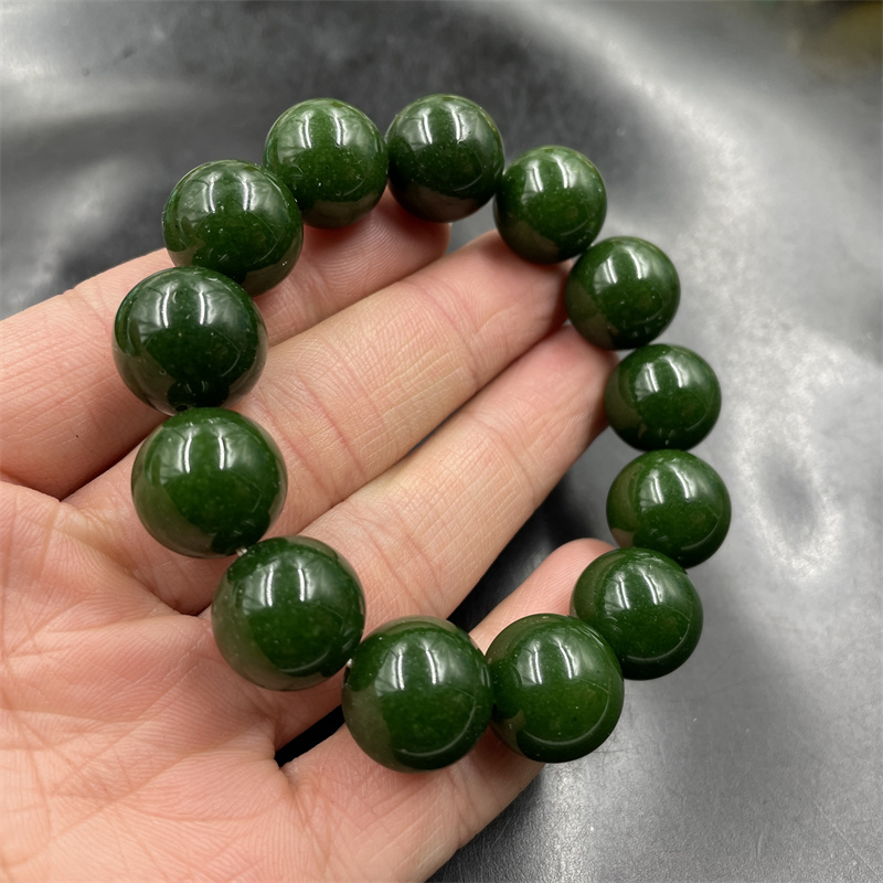 四海玉器 菠菜绿石英岩碧玉圆珠手链 男女款绿色玉手串 特价