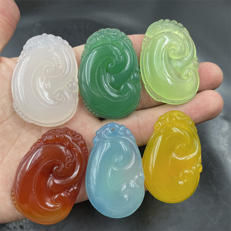 四海玉器 天然白玉髓如意吊坠 黄玛瑙大如意挂件 绿色玉坠 果绿色