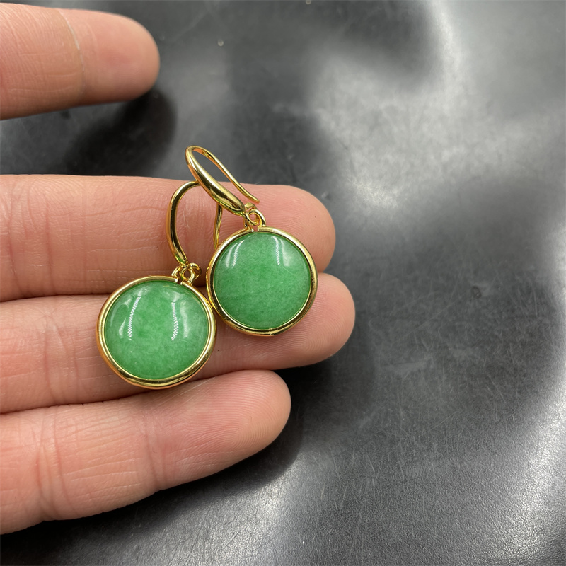 四海玉器 真空电镀镶嵌白底青阳绿色翠玉圆形耳环 女款耳坠 耳饰