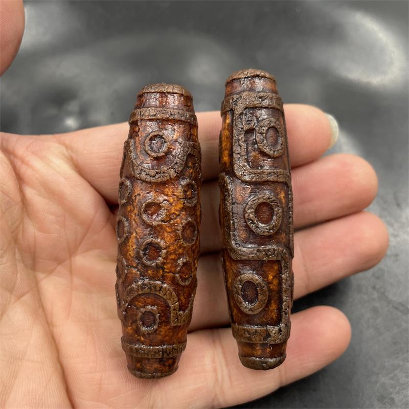 四海玉器 复古做旧风化纹21眼天珠玛瑙勒子 深色九眼天珠玛瑙筒珠