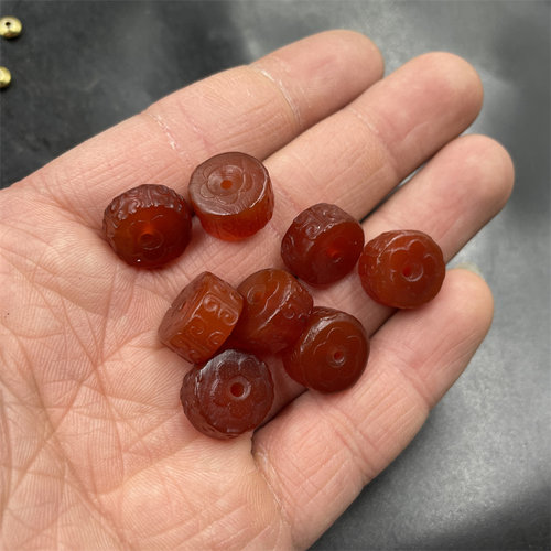 四海玉器 DIY饰品配件红色回纹雕花玛瑙算盘珠 平安扣珠子散批