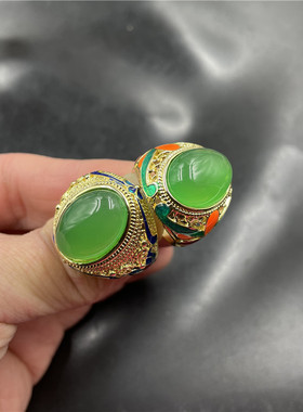 景泰蓝镶嵌冰种绿玉髓戒指 男款活扣可伸缩翠绿色玛瑙指环 戒圈