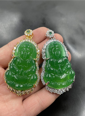 四海925银男款翠绿色观音吊坠