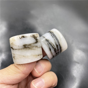 四海玉器 天然玉石新疆戈壁玉扳指 男款金丝玉玉指环 花纹玉戒指