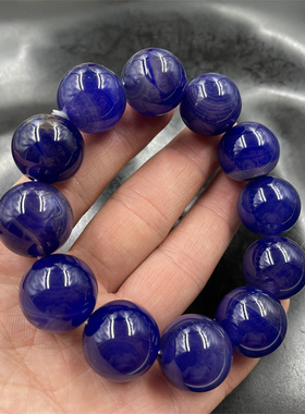 四海玉器 20毫米冰种蓝色缠丝玛瑙圆珠手链 男款大珠玉髓手串