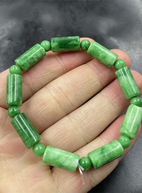 四海玉器 新款白底青阳绿色翠玉筒珠手链 干青桶珠手串