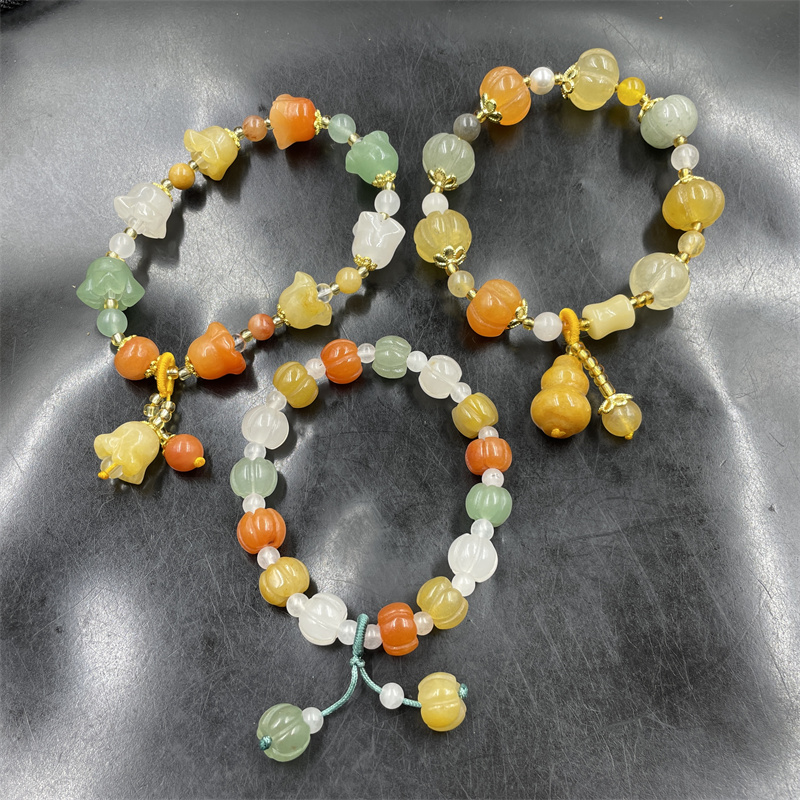 天然玉石新疆彩玉金丝玉南瓜珠手链 女款瓜瓜珠手串 喇叭花手链