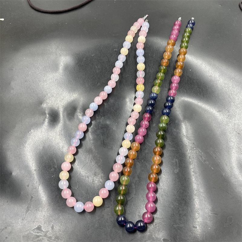 四海玉器 新款彩色摩根玉石圆珠项链 8毫米碧玺项链 锁骨链 特价