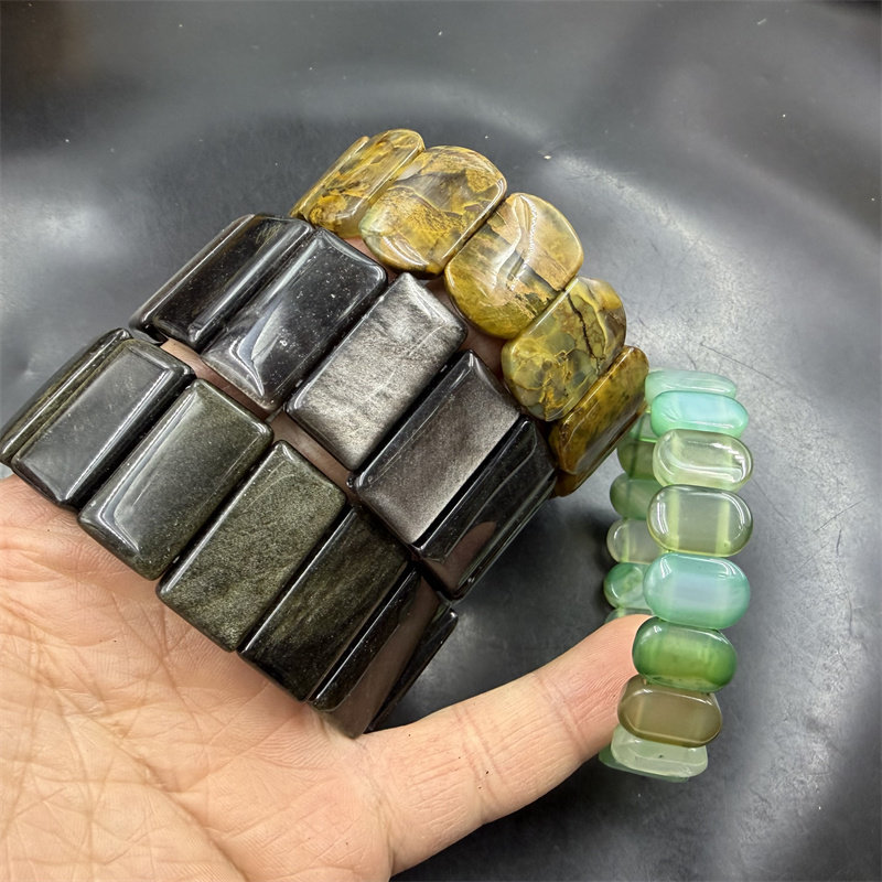 四海玉器 加宽大号黑曜石手排 绿玉髓玛瑙小手排 黄玉宽版手排