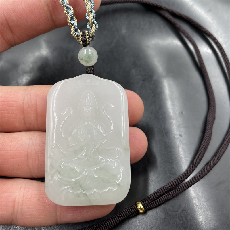 四海玉器 天然正品白底青天山翠玉观音牌子 毛衣链挂件玉坠