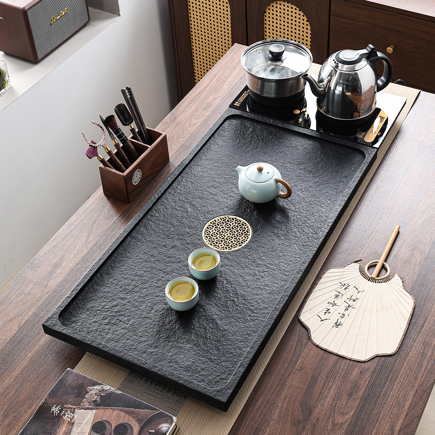 茶具天然乌金石茶盘套装自动上水茶台烧水壶茶托盘带排水茶海家用