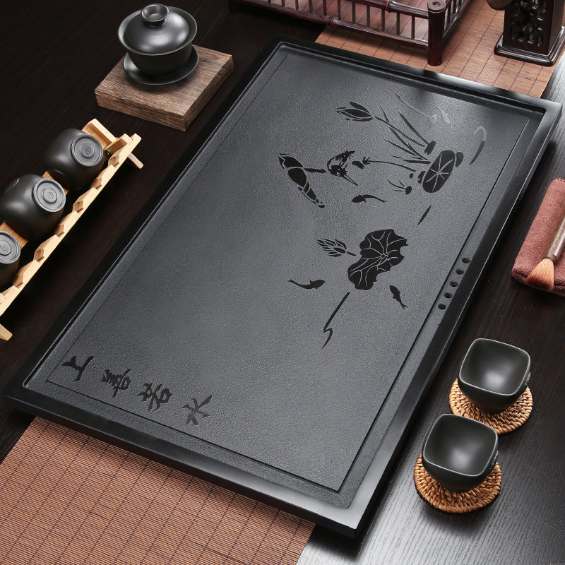 整块天然绿檀木纹石茶盘中式长方形简约现代家用客厅办公排水茶台