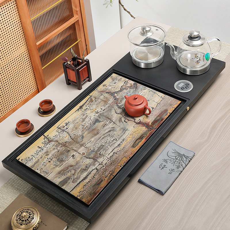 乌金石茶盘茶具套装全自动上水茶台烧水壶一体带电磁炉国画石家用