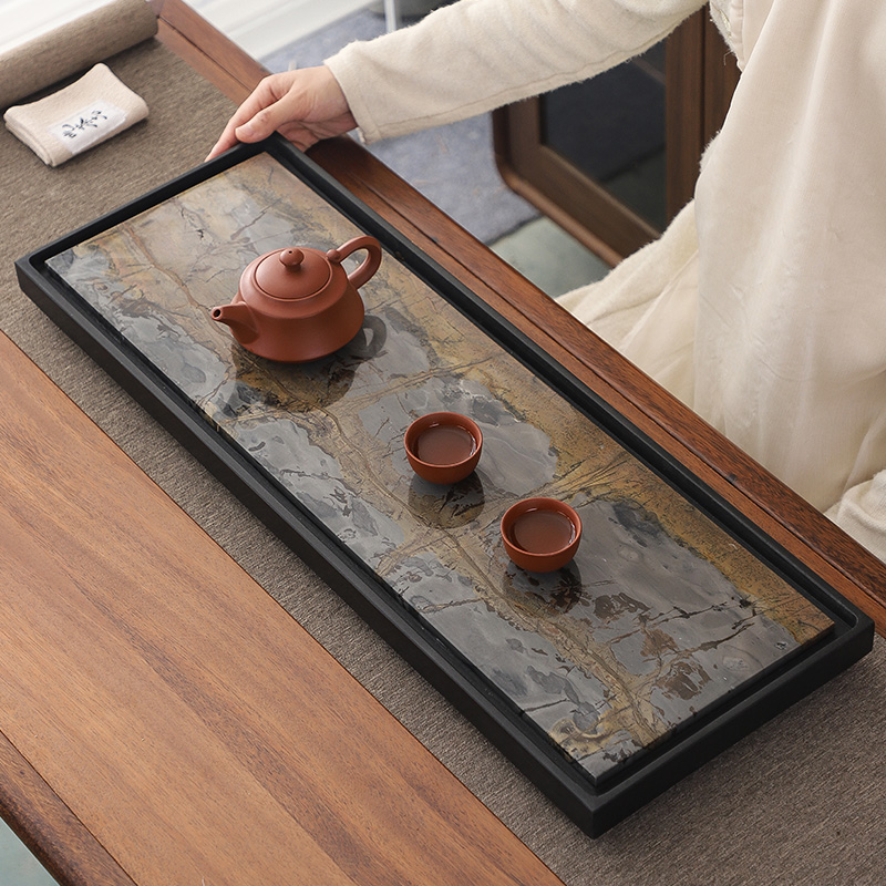 天然国画石乌金石茶盘整块家用现代简约石头茶台石材茶海茶具套装