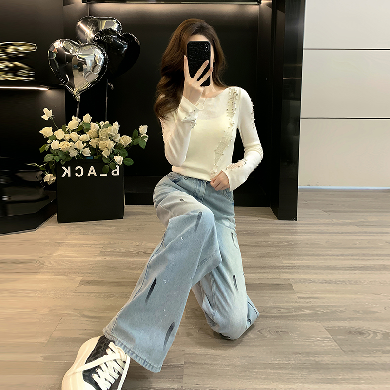 米白重工针织毛打底衫2025春秋新款时尚百搭休闲牛仔裤两件套减龄