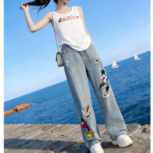 夏季新款米奇图案休闲宽松背心破洞个性阔腿牛仔裤两件套女生显瘦