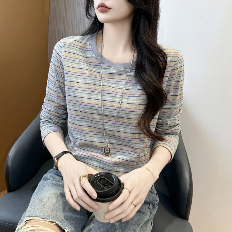 秋季新款圆领细条纹休闲宽松长袖女气质减龄打底T恤衫大码小个子