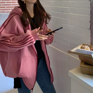 莓粉色美式加绒连帽卫衣女2025年新款秋冬宽松慵懒风开衫保暖外套