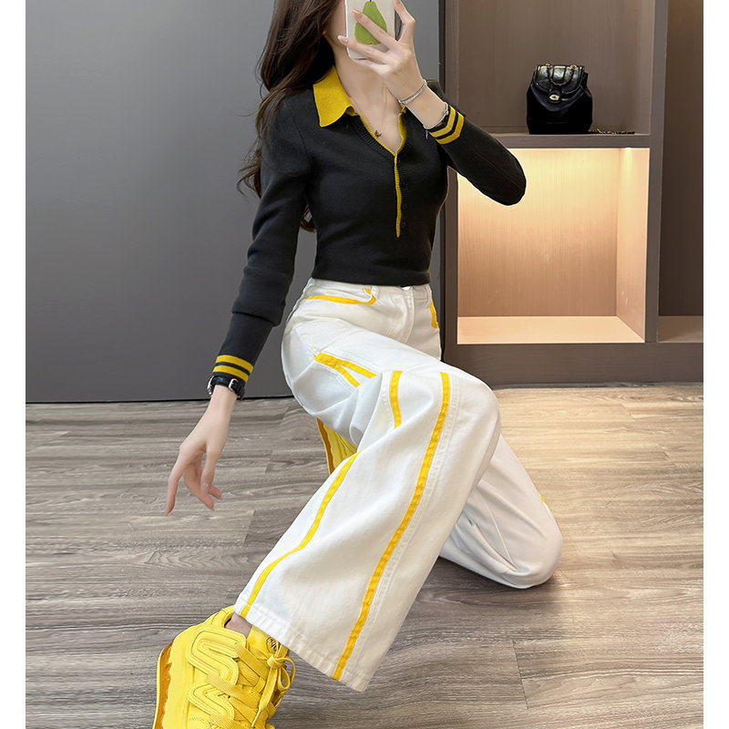 撞色Polo翻领长袖打底针织衫拼接白色牛仔裤两件套女早秋穿搭洋气