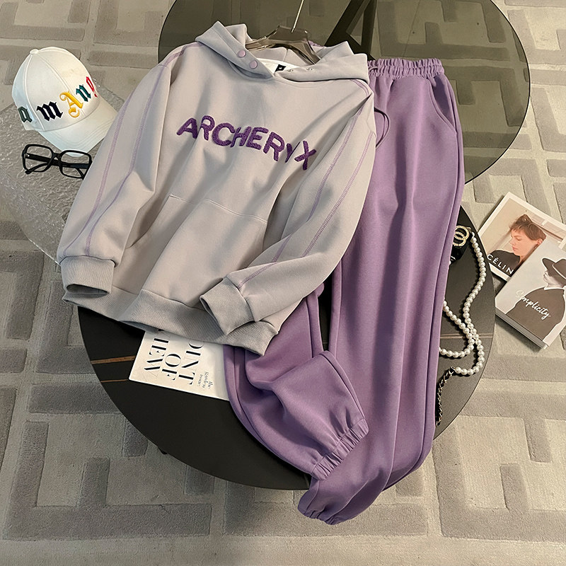 加绒加厚休闲运动套装女秋冬连帽卫衣束腰卫裤小个子两件套减龄潮