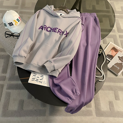 加绒加厚休闲运动套装女秋冬连帽卫衣束腰卫裤小个子两件套减龄潮