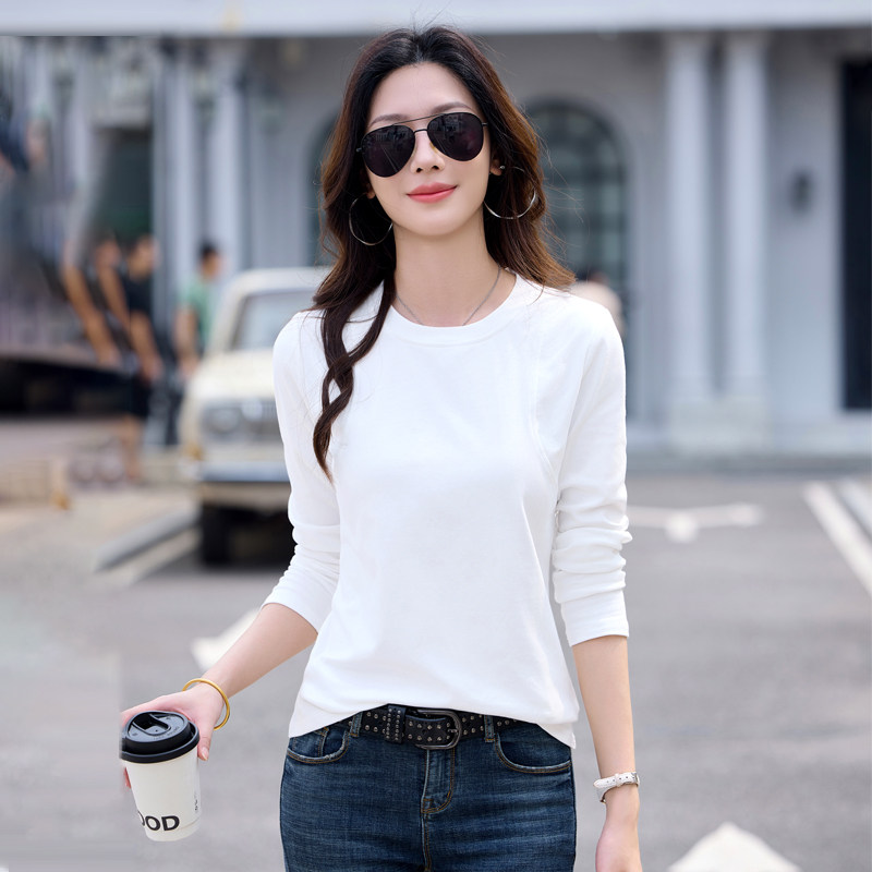 2026早春新款白色圆领长袖t恤女鱼骨线气质棉质内搭打底衫小个子
