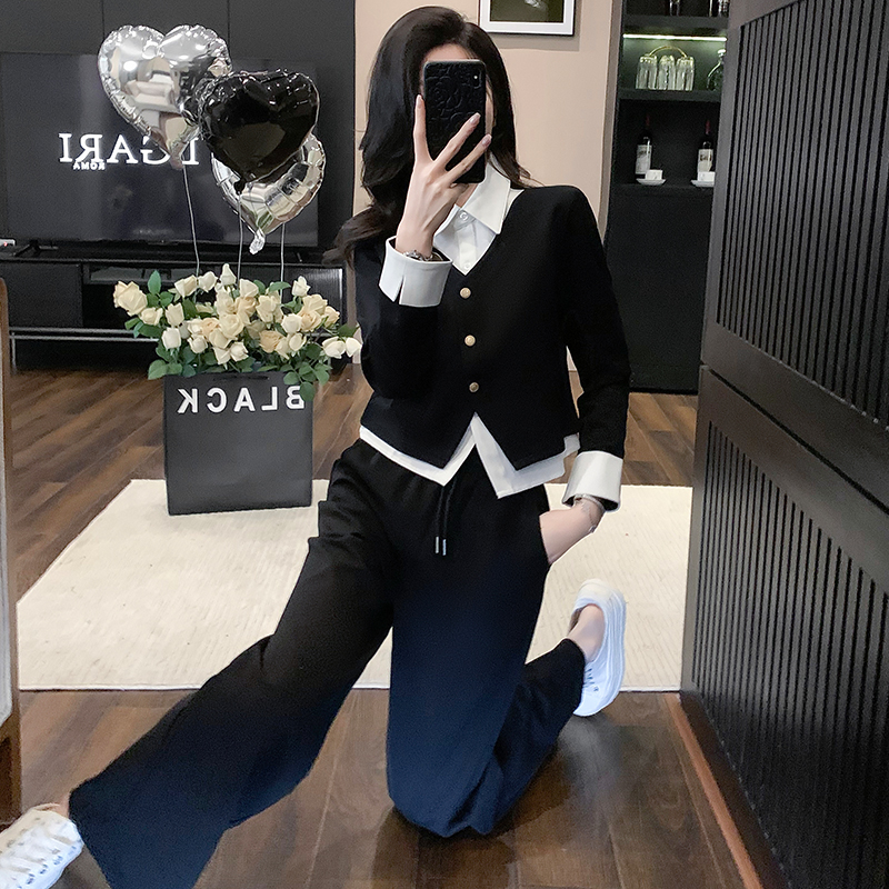 洋气减龄设计感翻领假两件上衣阔腿裤两件套女气质休闲套装春秋季