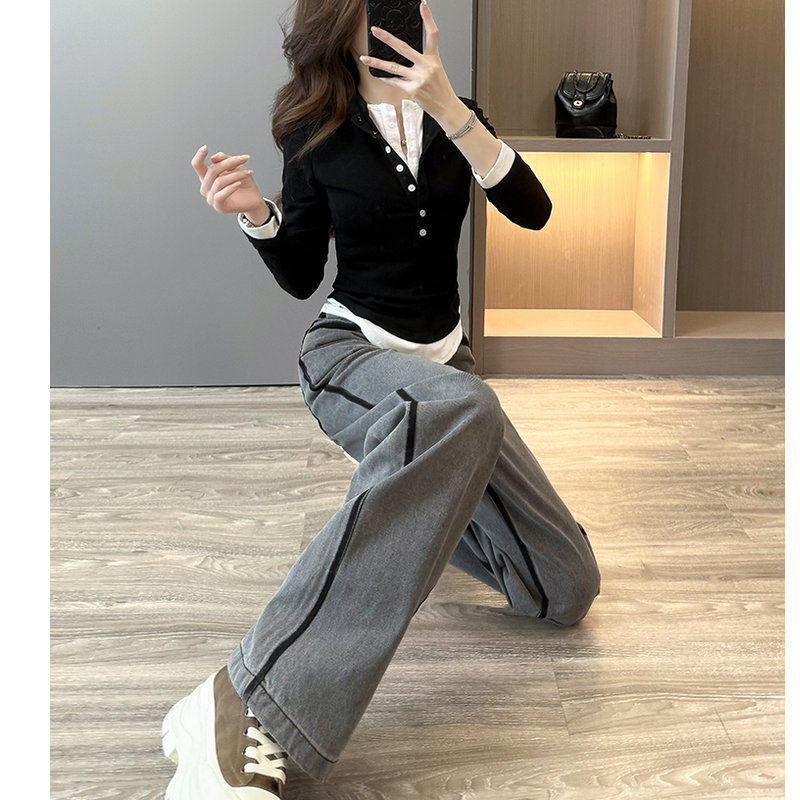 气质修身显瘦假两件长袖打底衫直筒牛仔裤两件套女春秋季新款洋气