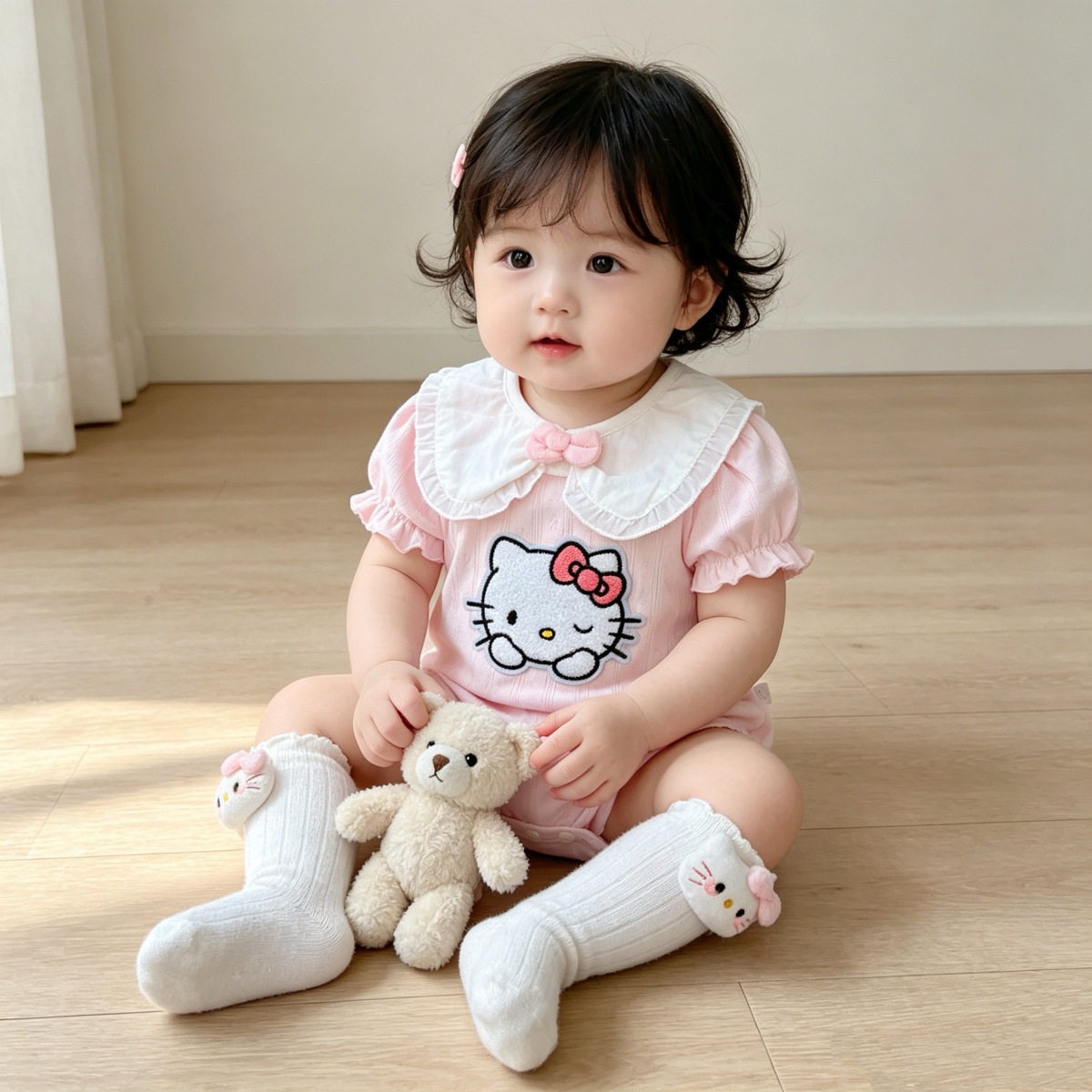 日系粉色女宝宝包屁哈衣短袖KT猫咪新生儿衣服夏季薄款婴儿爬爬服