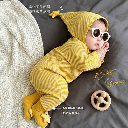 ins带帽宝宝连体哈衣秋冬棉新生儿外出爬爬服星星人卡通婴儿衣服