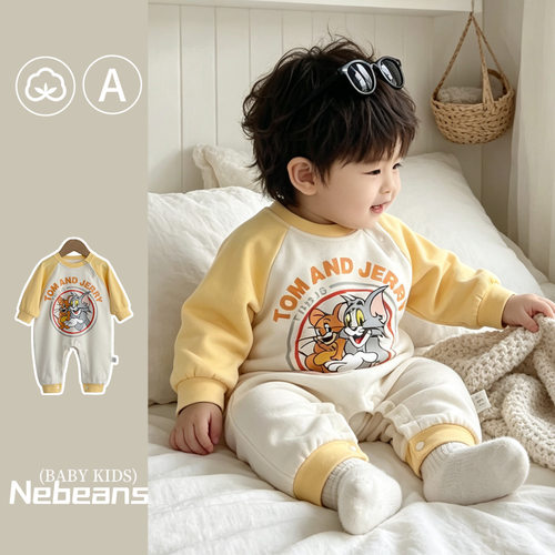 nebeans潮牌婴幼儿A棉柔软秋季连身衣卡通男女宝黄袖TOM哈衣爬服