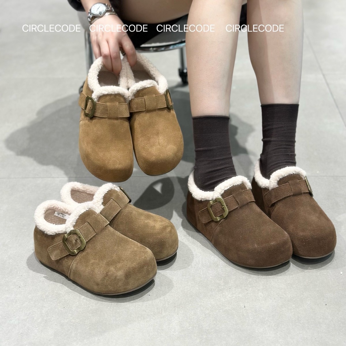 真皮勃肯棉鞋女冬季加绒外穿2025新款巨好看懒人一脚蹬厚底增高鞋