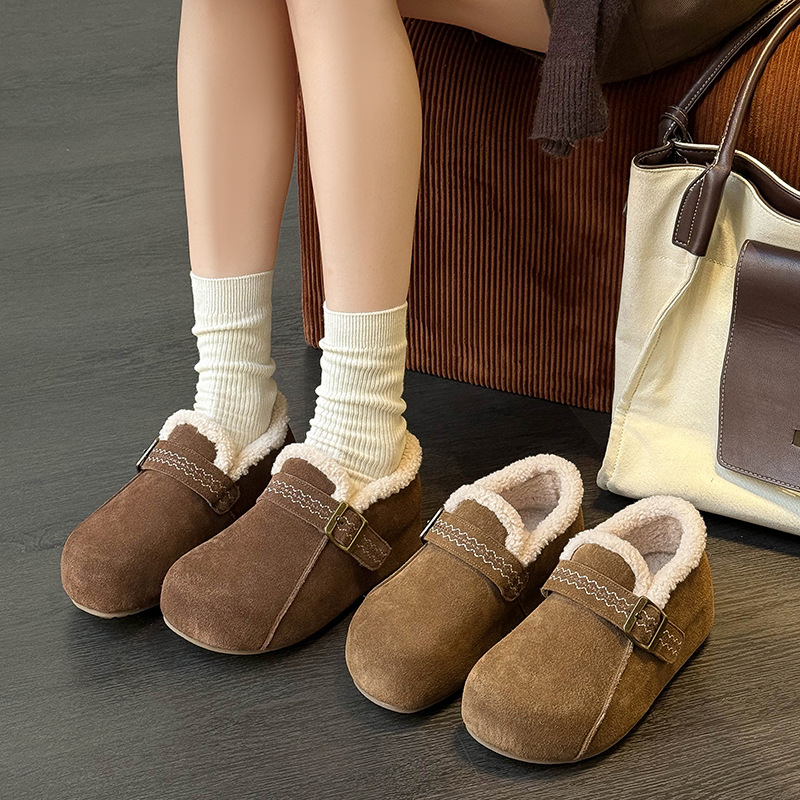 勃肯毛毛鞋2025新款厚底内增高单鞋懒人一脚蹬加绒棉鞋外穿豆豆鞋