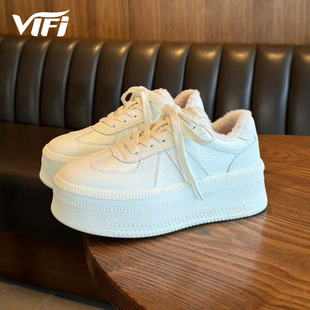 加绒韩版 内增高板鞋 德训鞋 百搭轻便厚底真皮小白鞋 女2024新款 冬季