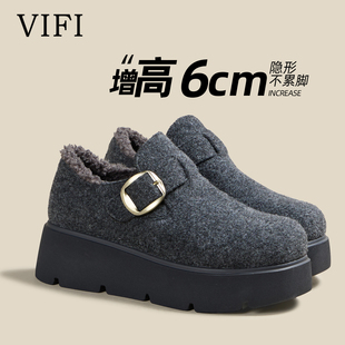 灰色厚底勃肯鞋女款2025新款松糕超火增高6cm加绒保暖懒人鞋单鞋