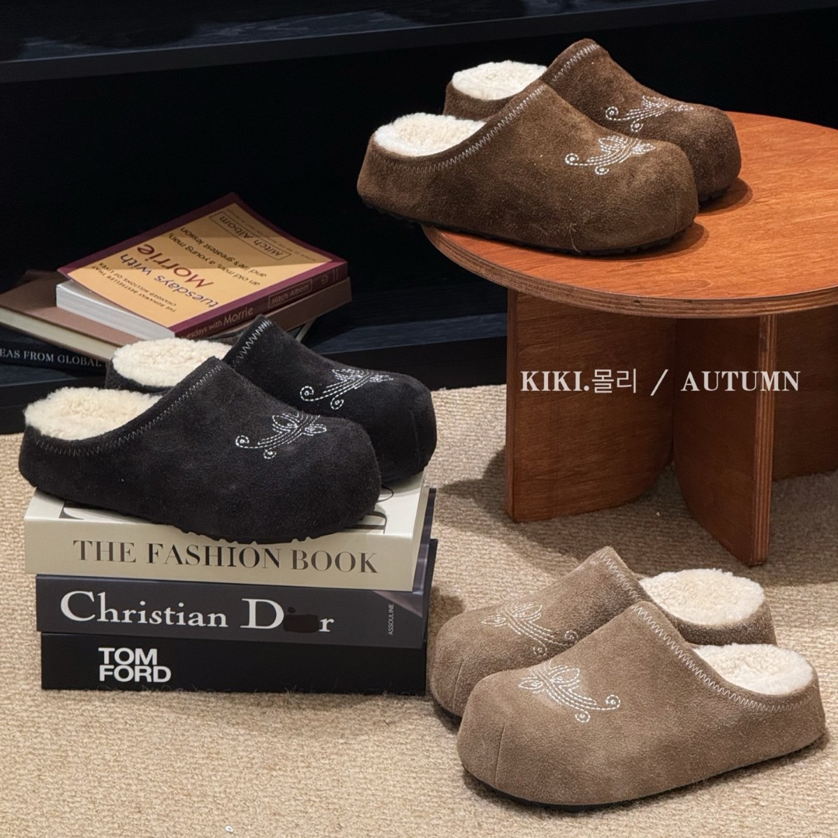 刺绣羊毛厚底增高懒人一脚蹬2025秋冬新款防滑舒适百搭勃肯拖鞋女