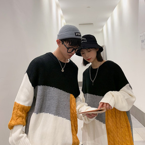 秋冬韩版拼色情侣毛衣宽松潮流慵懒套头个性针织衫男QT812-P75图片