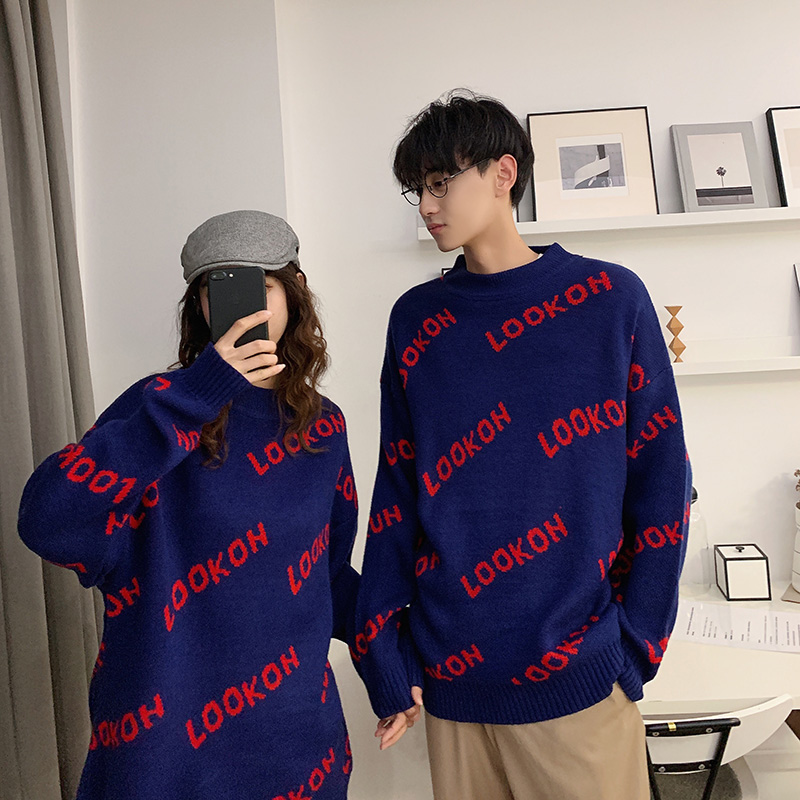 Korean version ins letters jacquard sweater couple loose sweater men and women trend knitted sweater