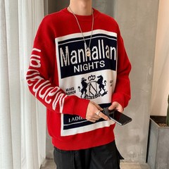 Lazy style personalized large pattern sweater men's Korean version of autumn and winter lovers thickened T-shirt