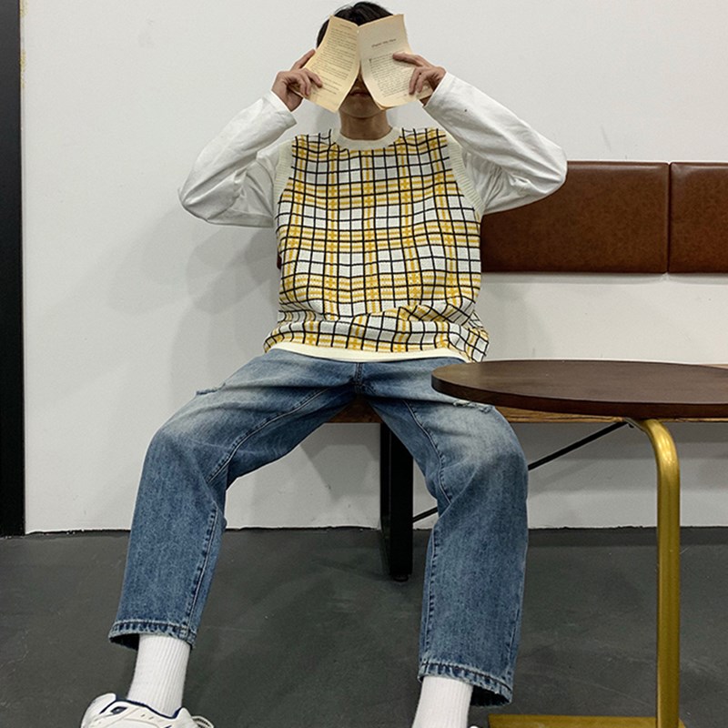 韩版背心男宽松个性格子潮流复古情侣针织马甲毛衣T016-P55,男装针织衫/毛衣,星座1501