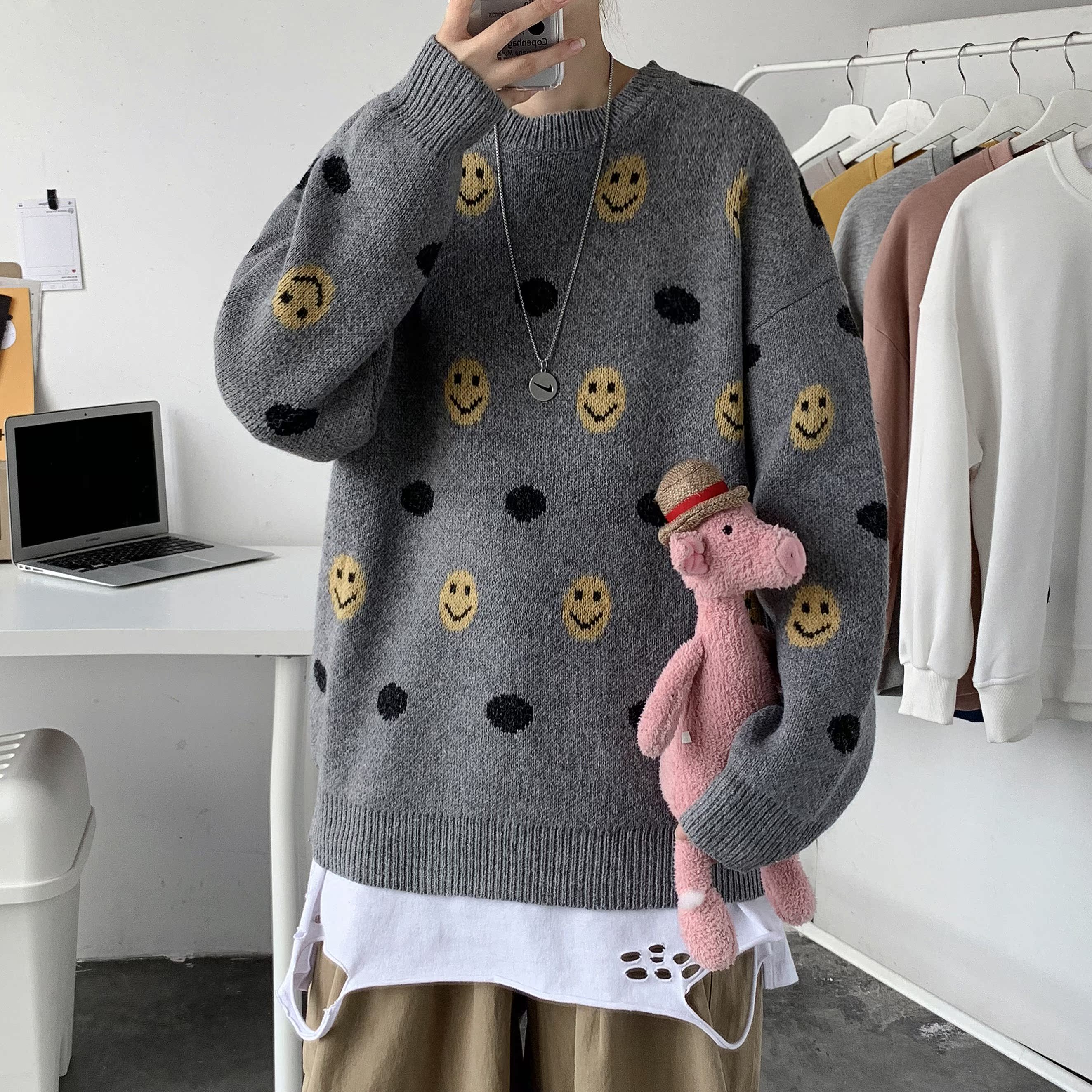 Autumn and winter new Korean men's and women's loose smiling face sweater knitwear ins couple's top