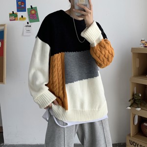 秋冬韩版慵懒风拼接情侣毛衣宽松潮流套头ins个性针织衫T812-P75图片