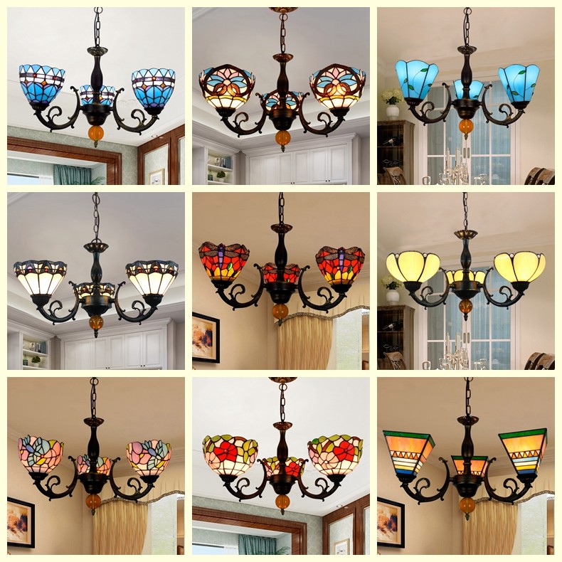 餐厅卧室酒吧三头琉璃吊灯欧琈蒂凡尼彩色玻璃田园创意地中海复古