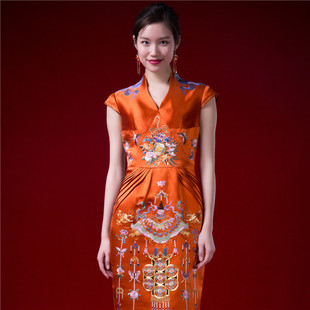 旗袍 原创妈妈装 宫灯 艺术品级 缎 彩蝶牡丹 橘红色裤 華芬嫁衣