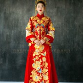 孔雀 苏绣蝴蝶 中式 改良龙凤褂 新娘大拖尾 拖尾礼服 華芬嫁衣