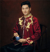 華芬嫁衣 秀禾服 酱红色真丝重缎刺绣双龙男婚服男装 新款 长袍马褂